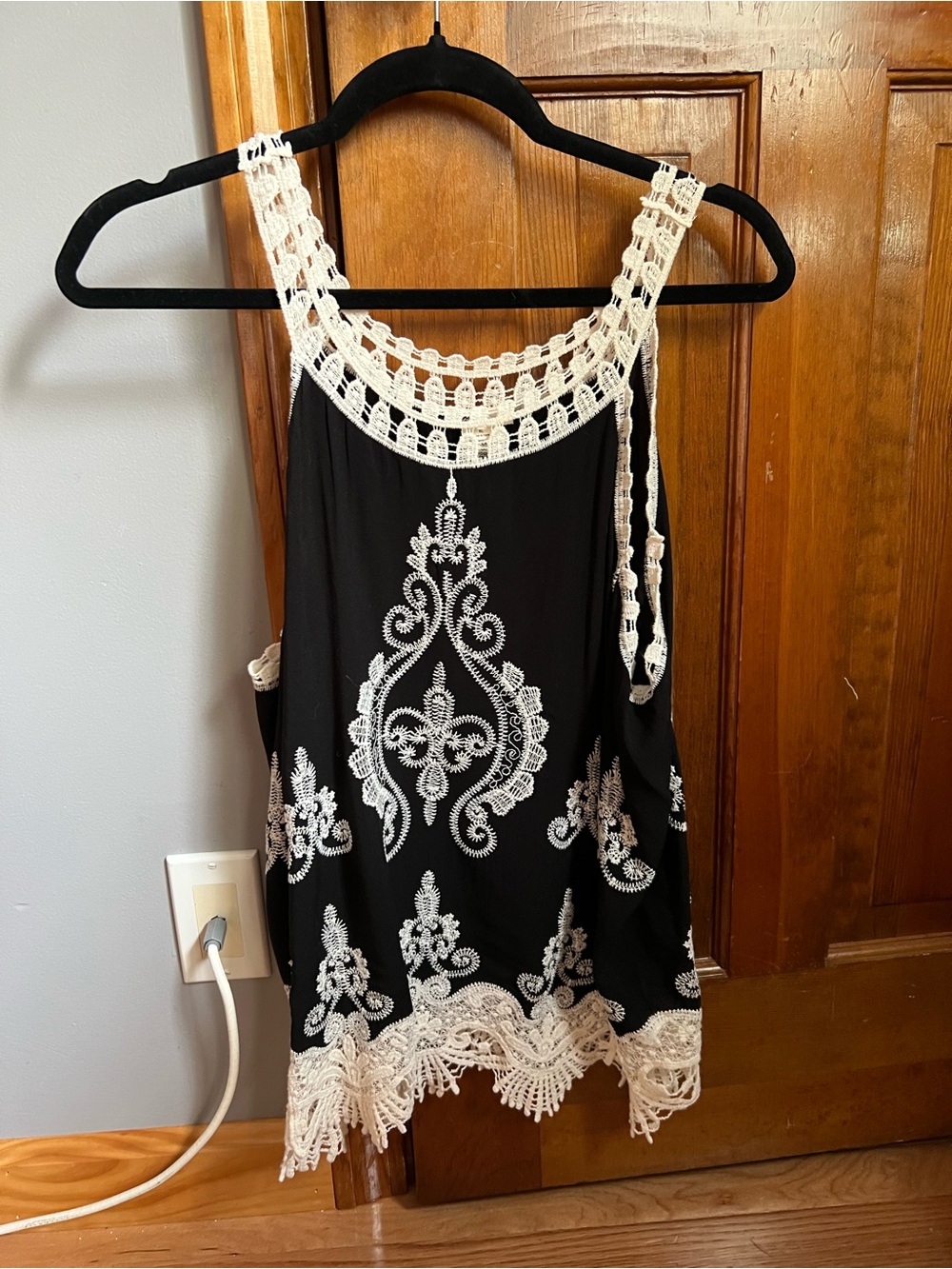 Ultra Pink Black Tank Top with Cream Crochet Trim
